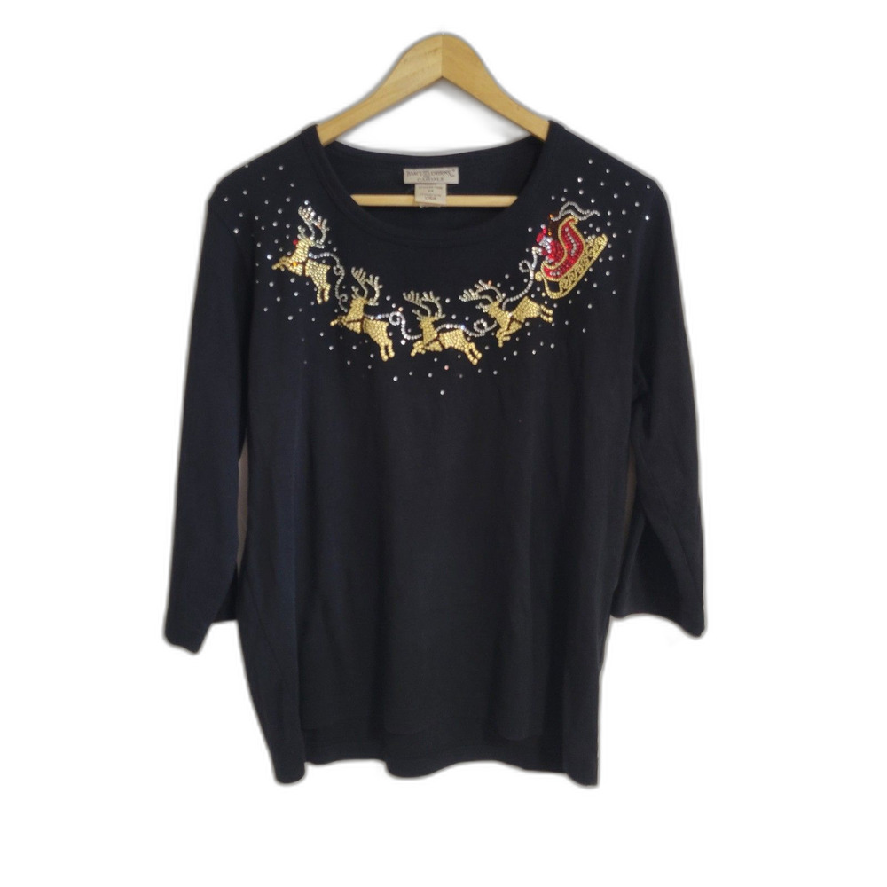Vintage Christmas Knit Top Sleigh & Rhinestone Reindeer Black Holiday Size M